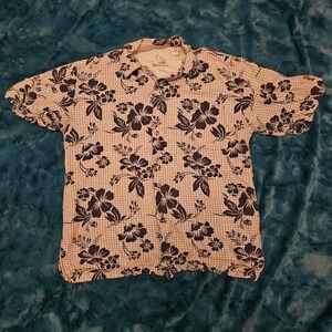 Vintage Bugle Boy XL Mens Beige Black Floral Hawaiian‎ Shirt Short Sleeve button